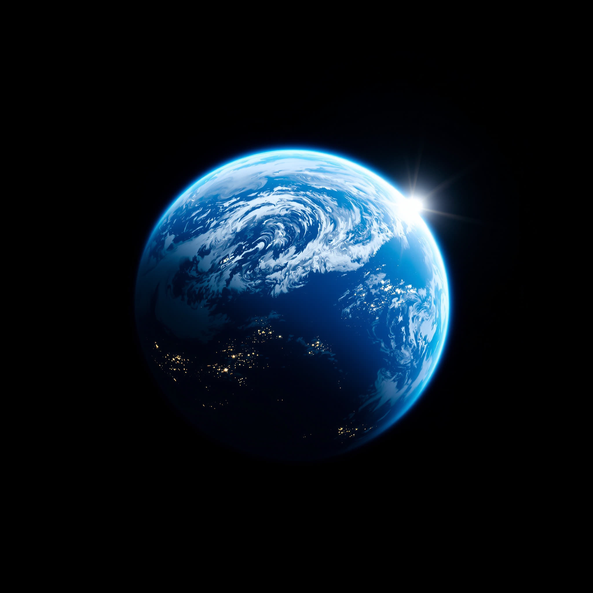 Meridian, an ocean world, half lit, city lights scattered across the night side.