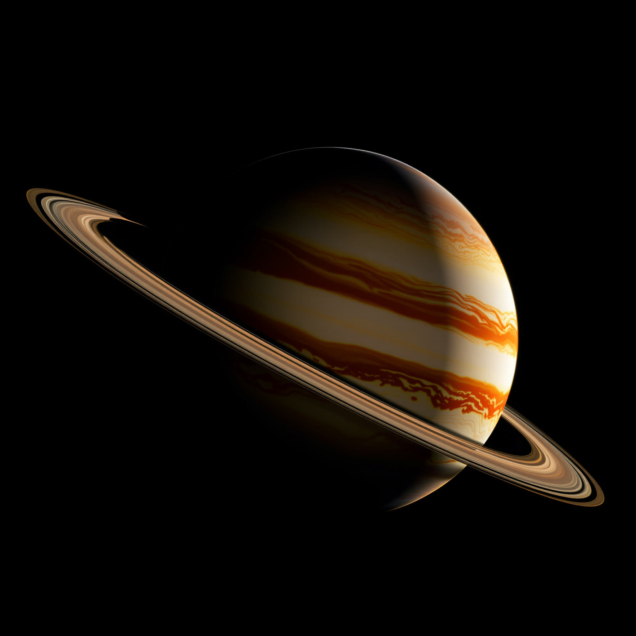 Orrin, an amber banded gas giant encircled by a broad, finely divided ring system.