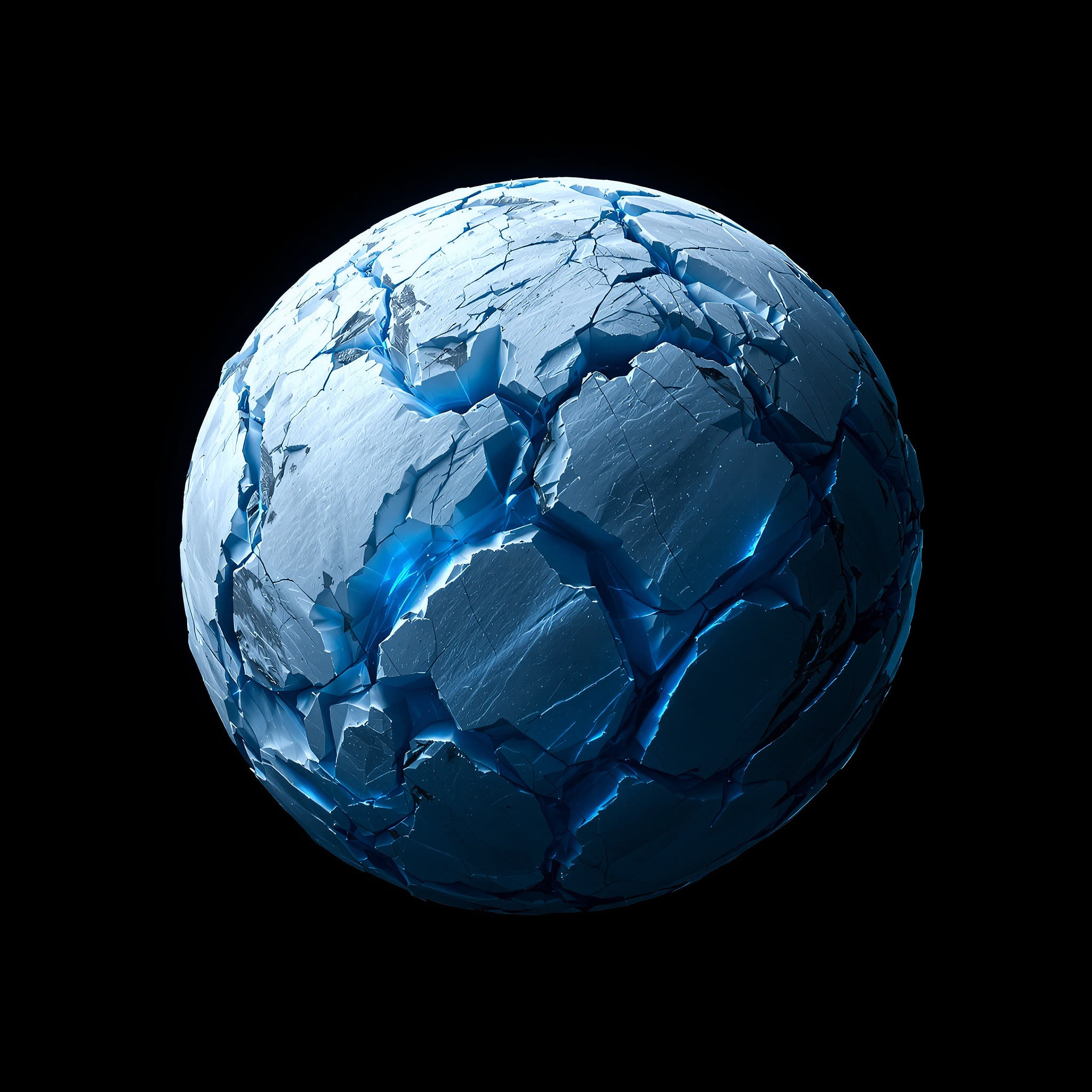 Veld, a frozen cyan-white world whose shell is broken into plates by glowing crevasse lines.