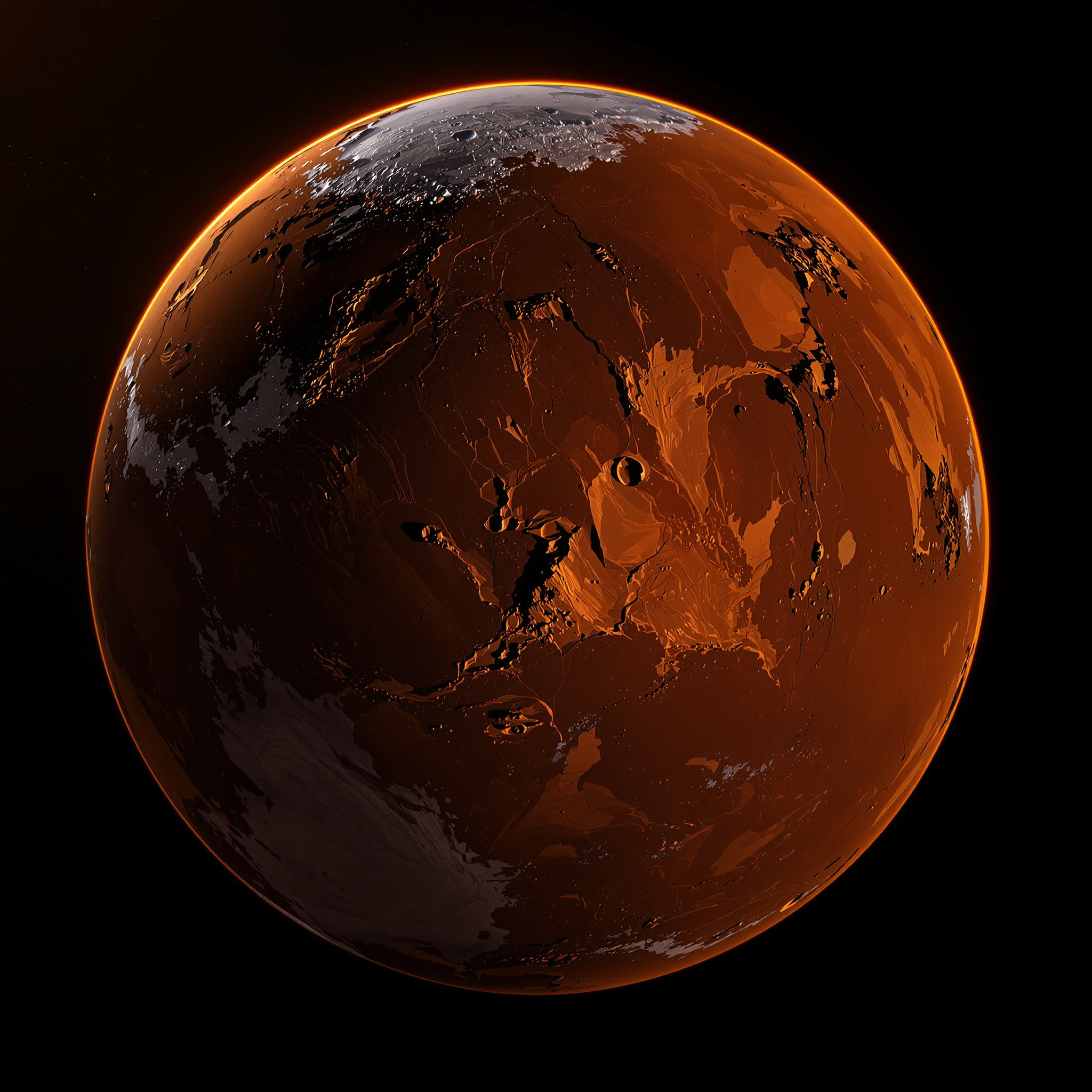 Kesh, a rust-red desert world scored by canyon systems, with a bright polar cap.