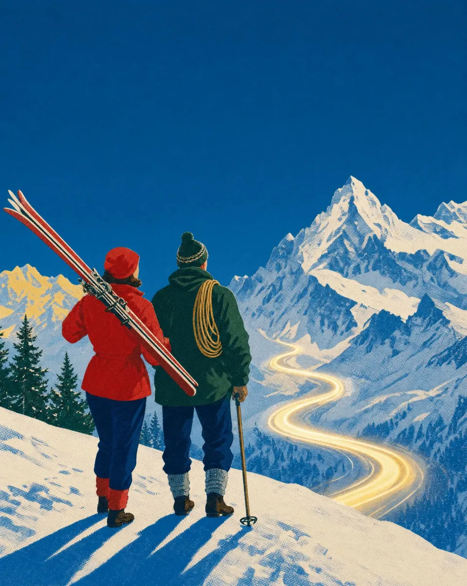 Poster figures of the concierge in a red jacket carrying skis and the guide with a coiled rope, seen from behind on a snowy ridge