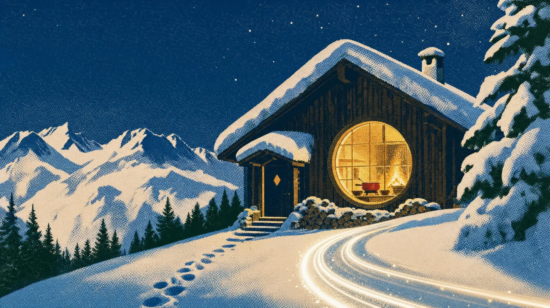 A timber chalet at night, its big round window glowing gold, footprints in the snow to the door