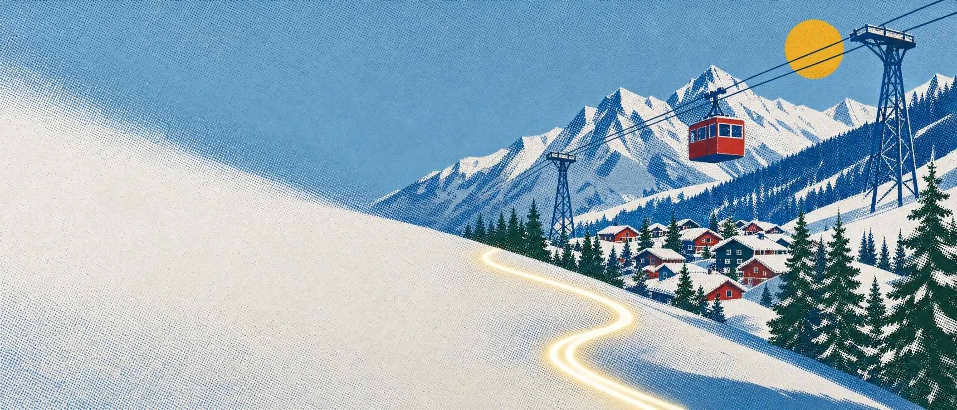 Poster-print panorama of the valley: a red gondola cabin over snowy chalets and pine forest, peaks behind