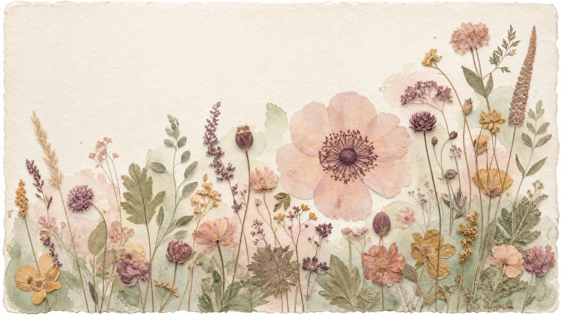 A pressed meadow of blush, plum and ochre flowers and sage stems on cream cotton paper