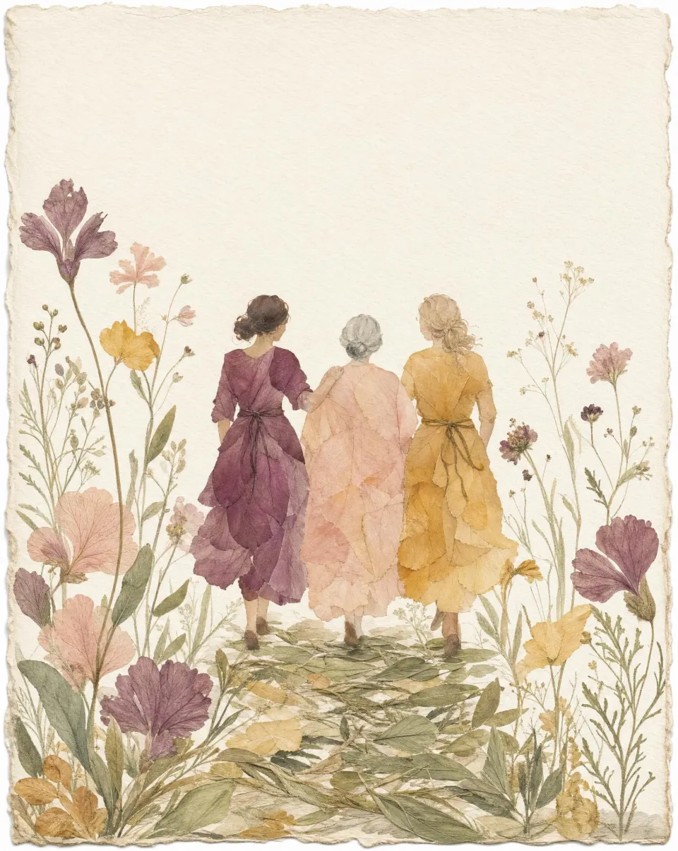 Three women of different ages, painted in watercolour, walking together along a path of pressed grass