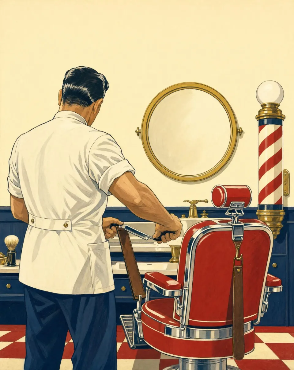 A barber in a white jacket stropping a razor beside a red chair, round brass mirror and a barber pole