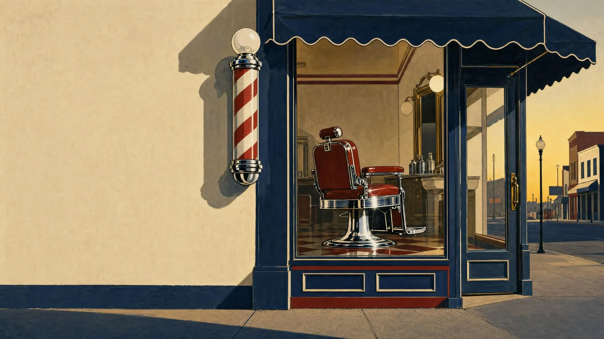 The shopfront at dawn: navy awning, a barber pole and a red chair through the window