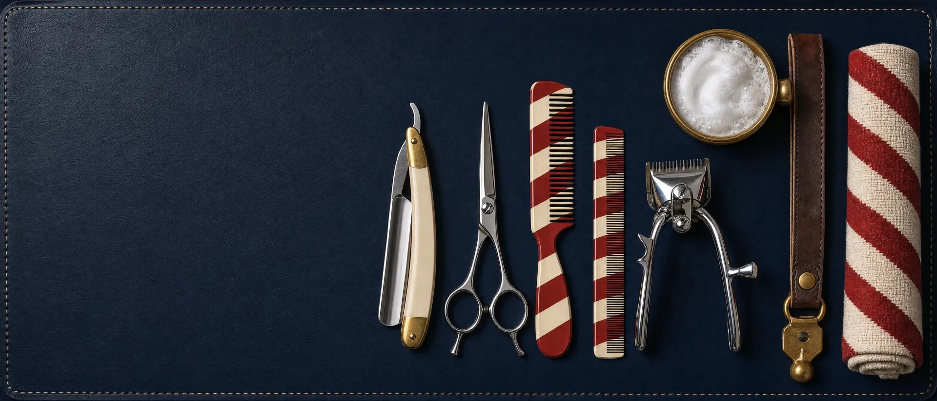 A straight razor, scissors, combs, clippers, a strop and a striped towel laid out on navy leather