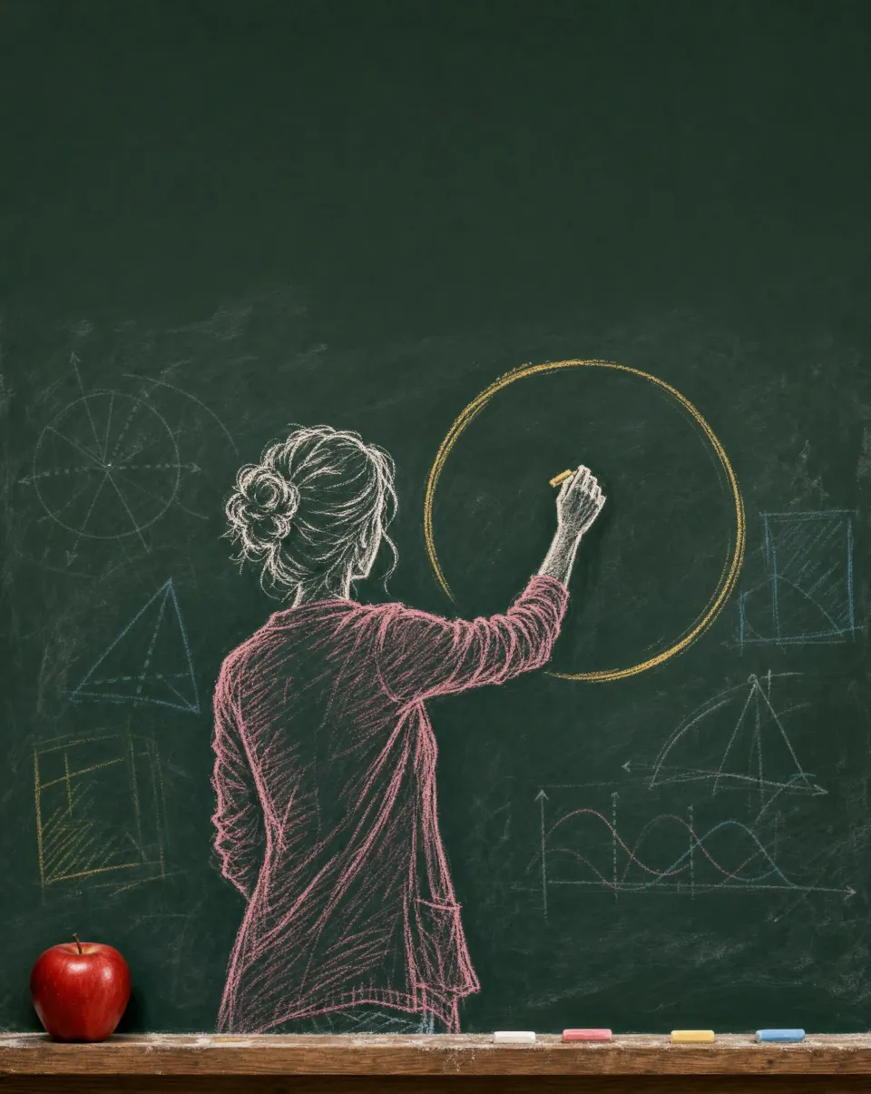 Chalk drawing of the instructor from behind, drawing a circle on the board