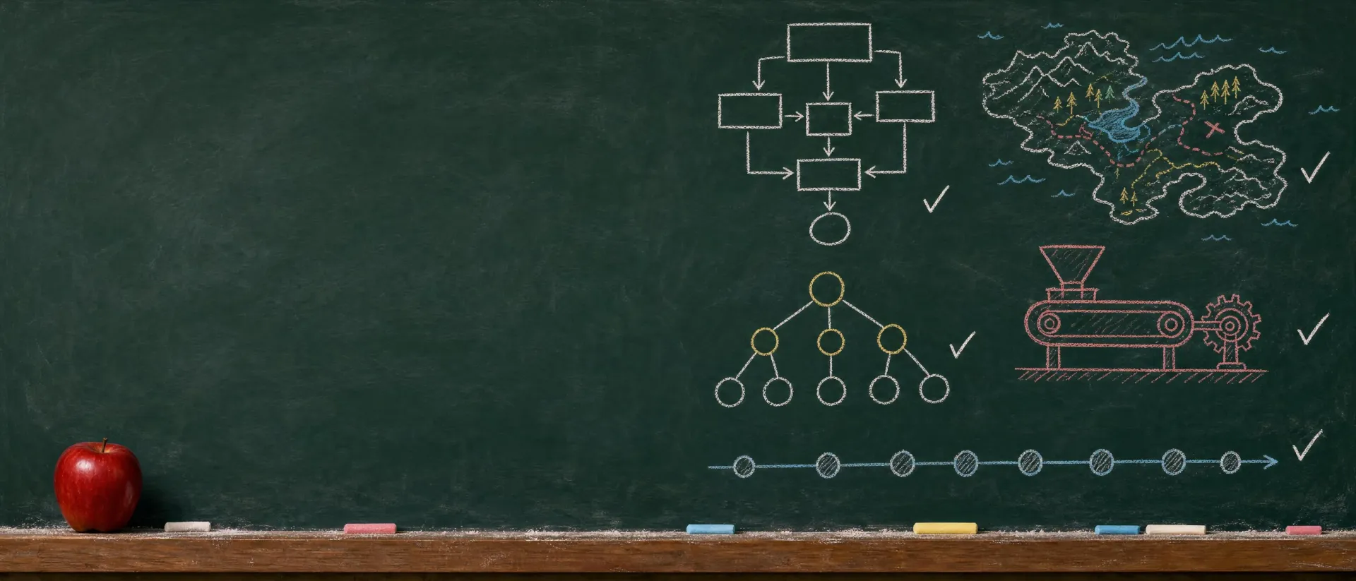 A long chalkboard covered with student diagrams: flow charts, a pie chart, an engine, a family tree