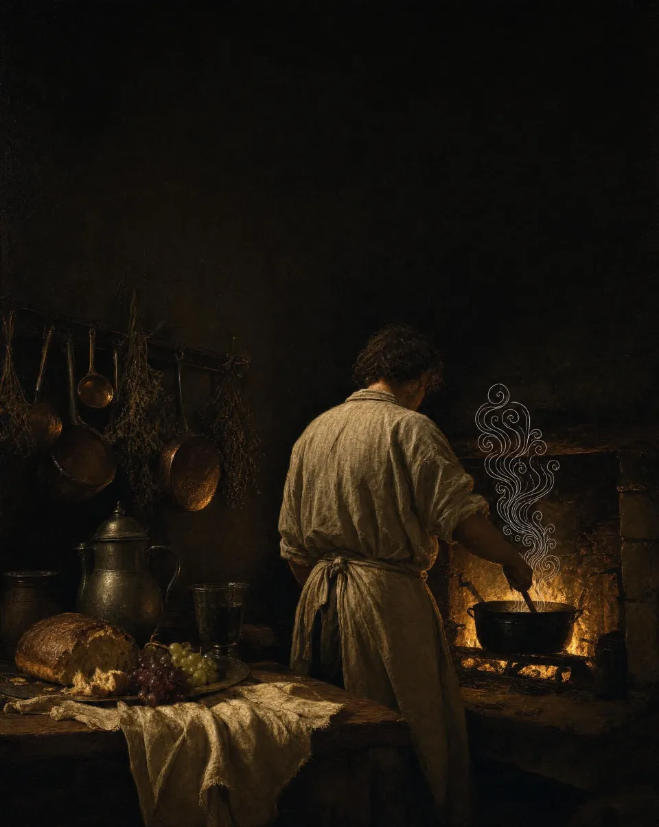 The chef in a linen apron at a range, steam rising from a copper pot, painted in candlelight