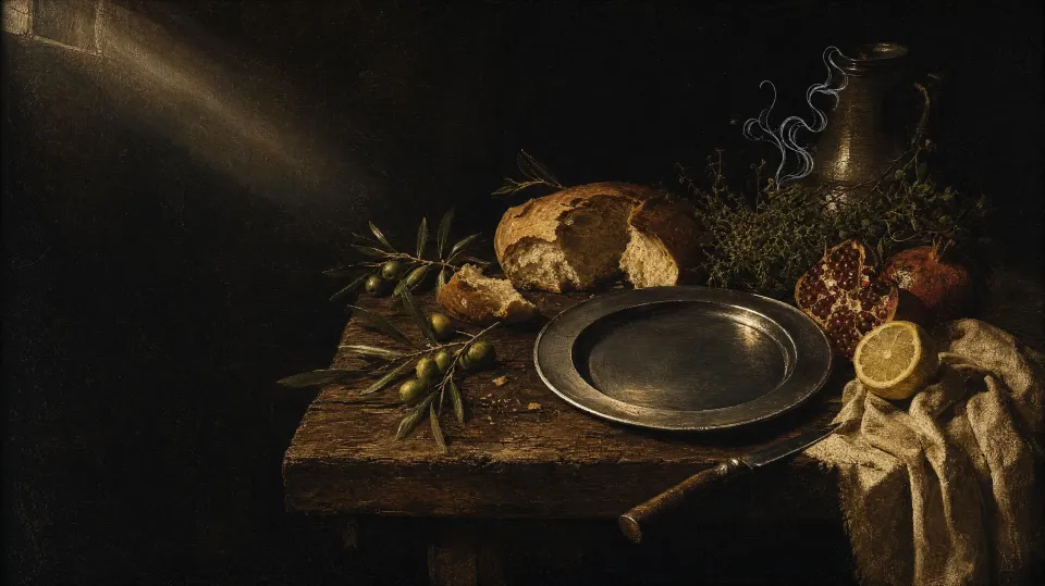 A pewter plate on an oak table with bread, pomegranate, lemon and olives, lit from a window on the left