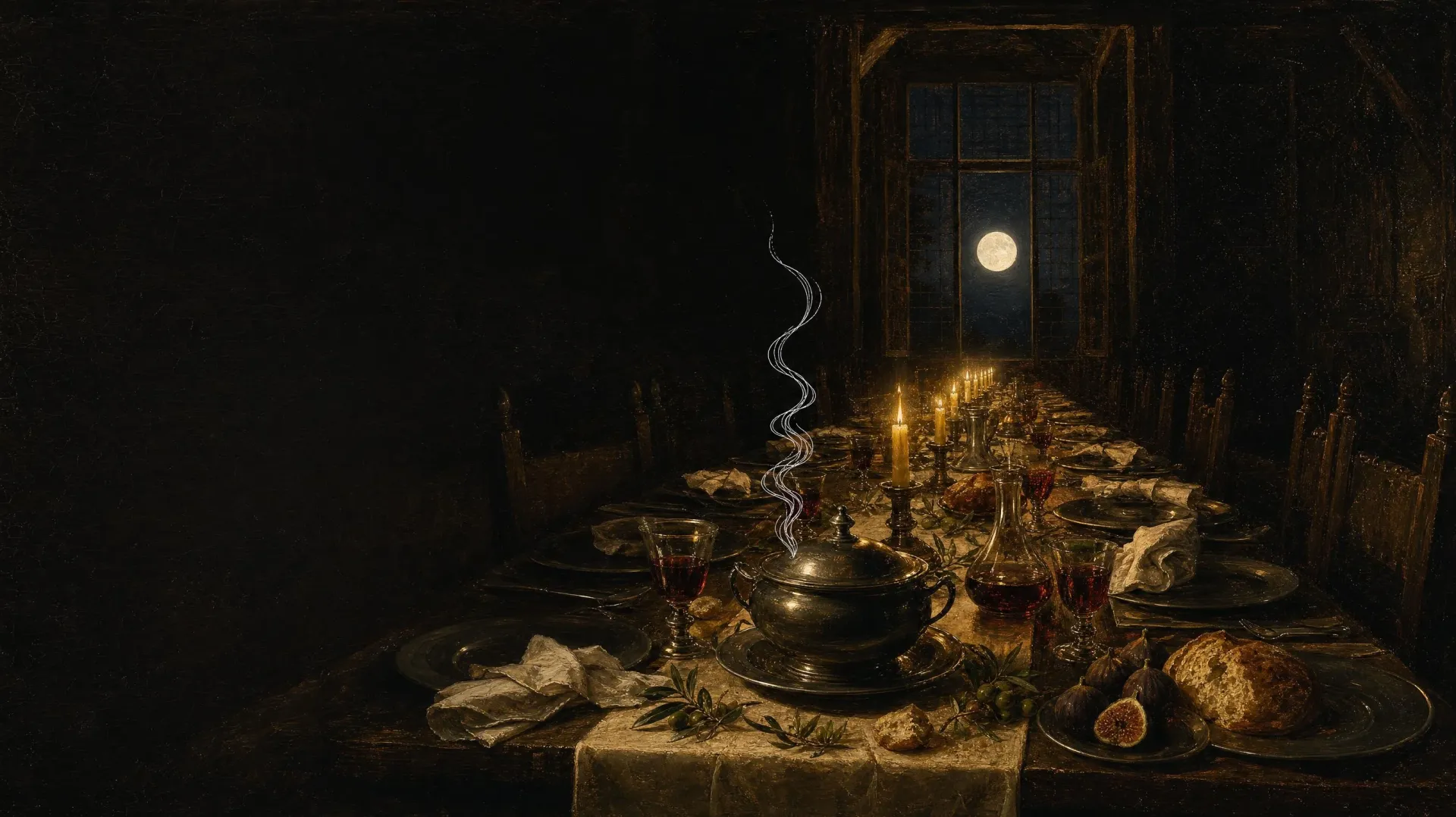 A long candle-lit table laid for eighteen in a dark hall, a full moon in the leaded window