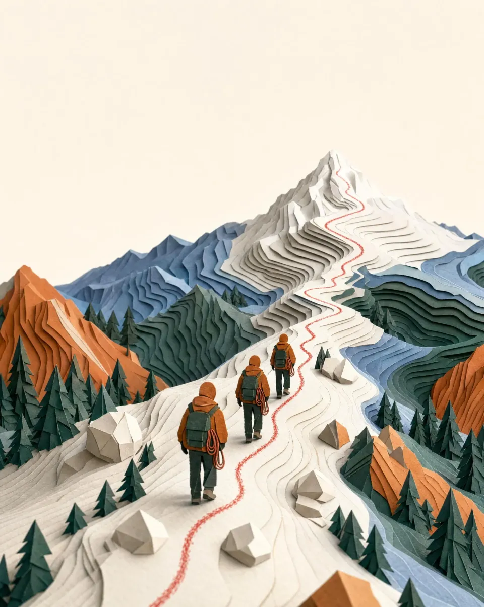 Three paper-cut trekkers in ochre jackets walking a contour-paper trail toward a white summit, the red pencil route ahead of them