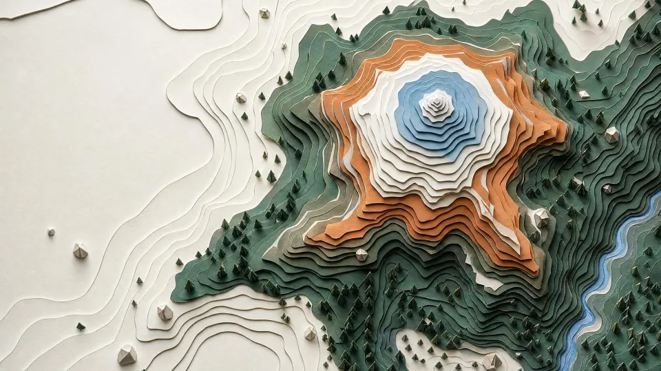 Overhead view of a paper mountain: concentric contour rings in glacier blue, white, ochre and moss