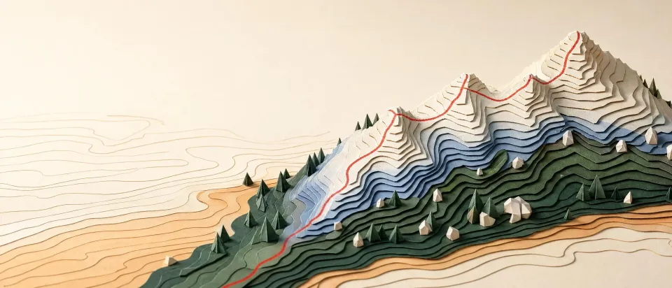 A long side-on paper ridge stepping up from moss to white, the red pencil route over three passes