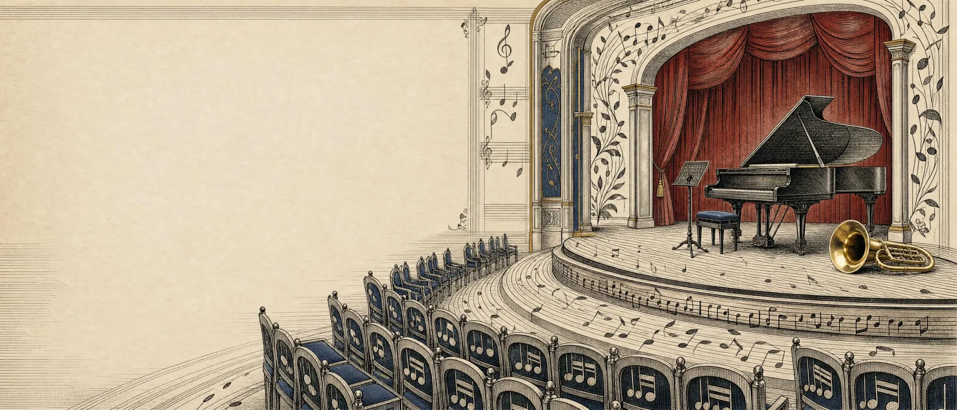 An engraved concert hall with red seats facing a stage with a grand piano and red curtains