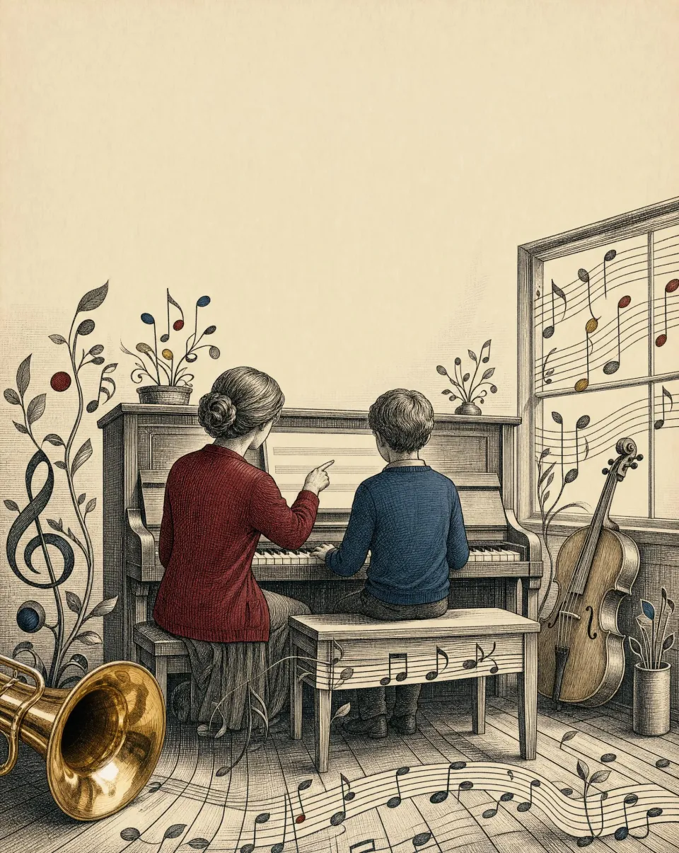A teacher in a red cardigan beside a boy at an upright piano, a violin and a trumpet nearby, notes growing like vines