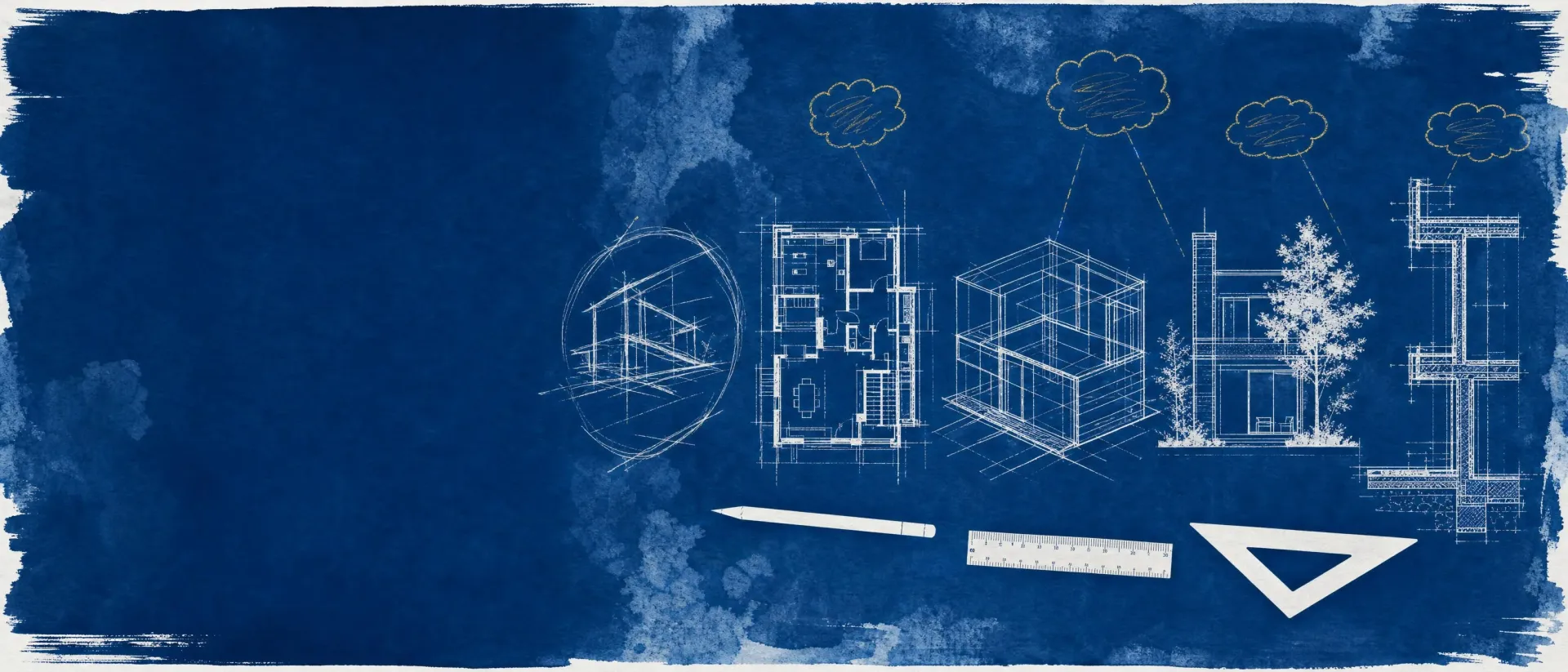 Cyanotype sheet of a plan drawing, drafting tools and a small site sketch