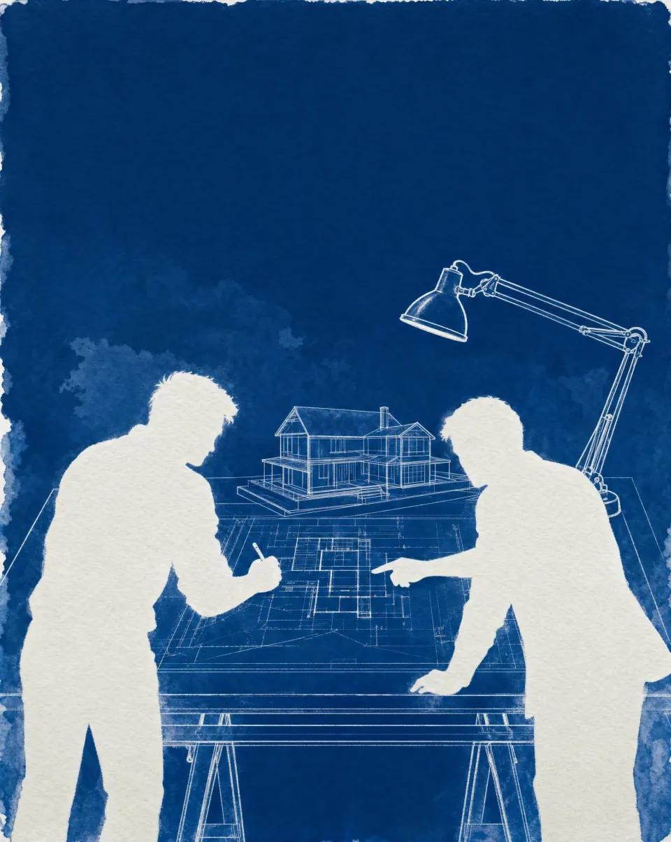 Two architects in silhouette leaning over a model on the drawing table, an anglepoise lamp above
