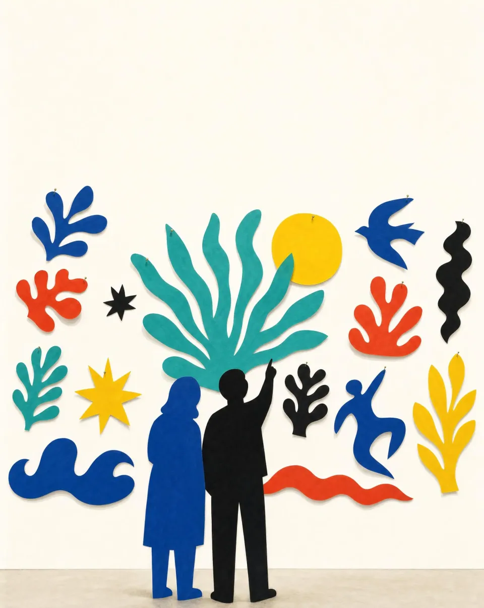 Two visitors in cut-out silhouette pointing at a wall of paper shapes
