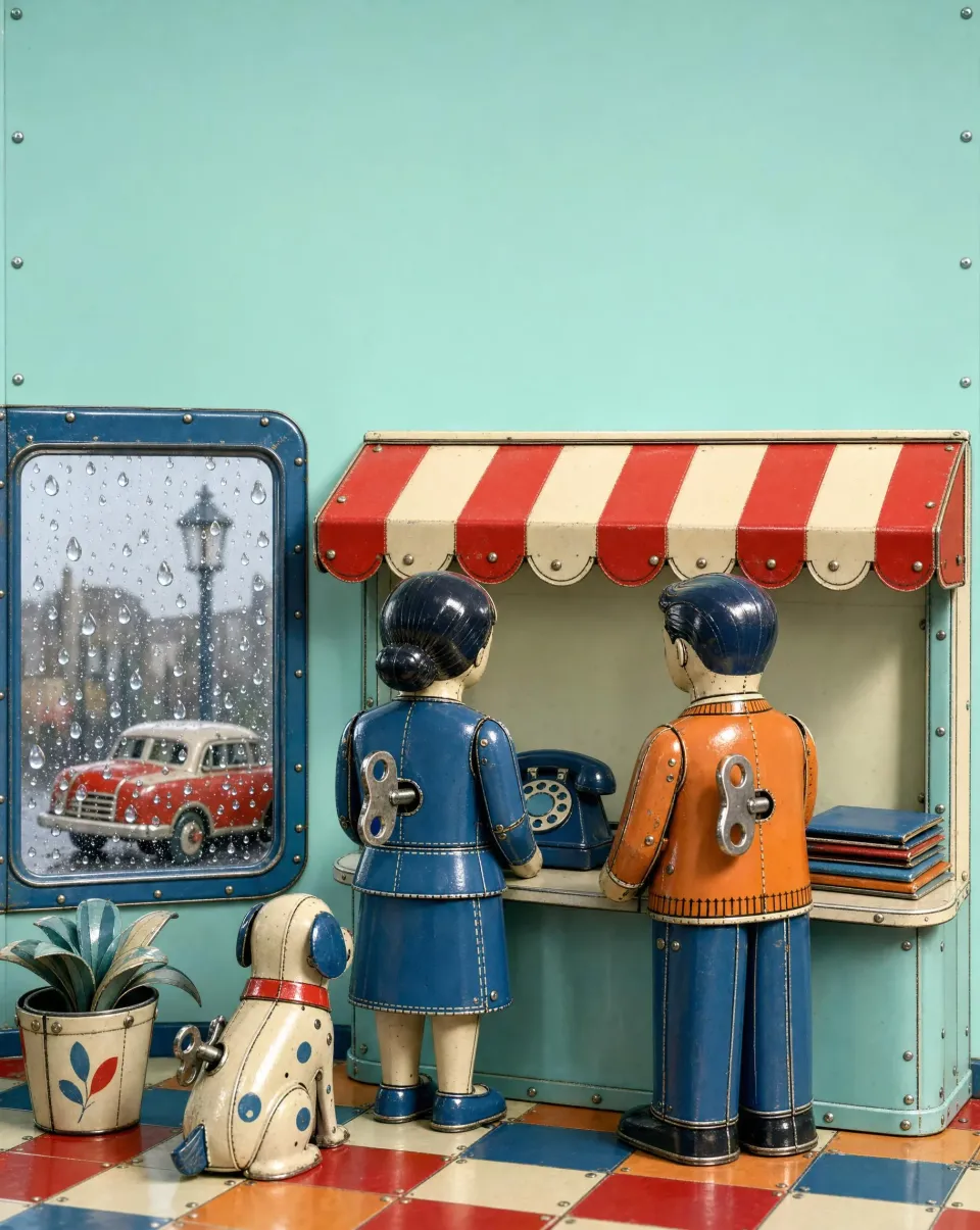 Two tin-toy agents at a striped front desk with a telephone, a wind-up dog and a rainy street through the window