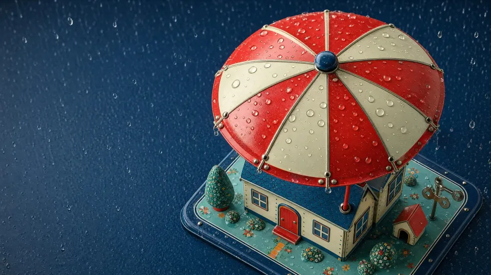 A tin house on a riveted base under a red and cream striped umbrella in the rain