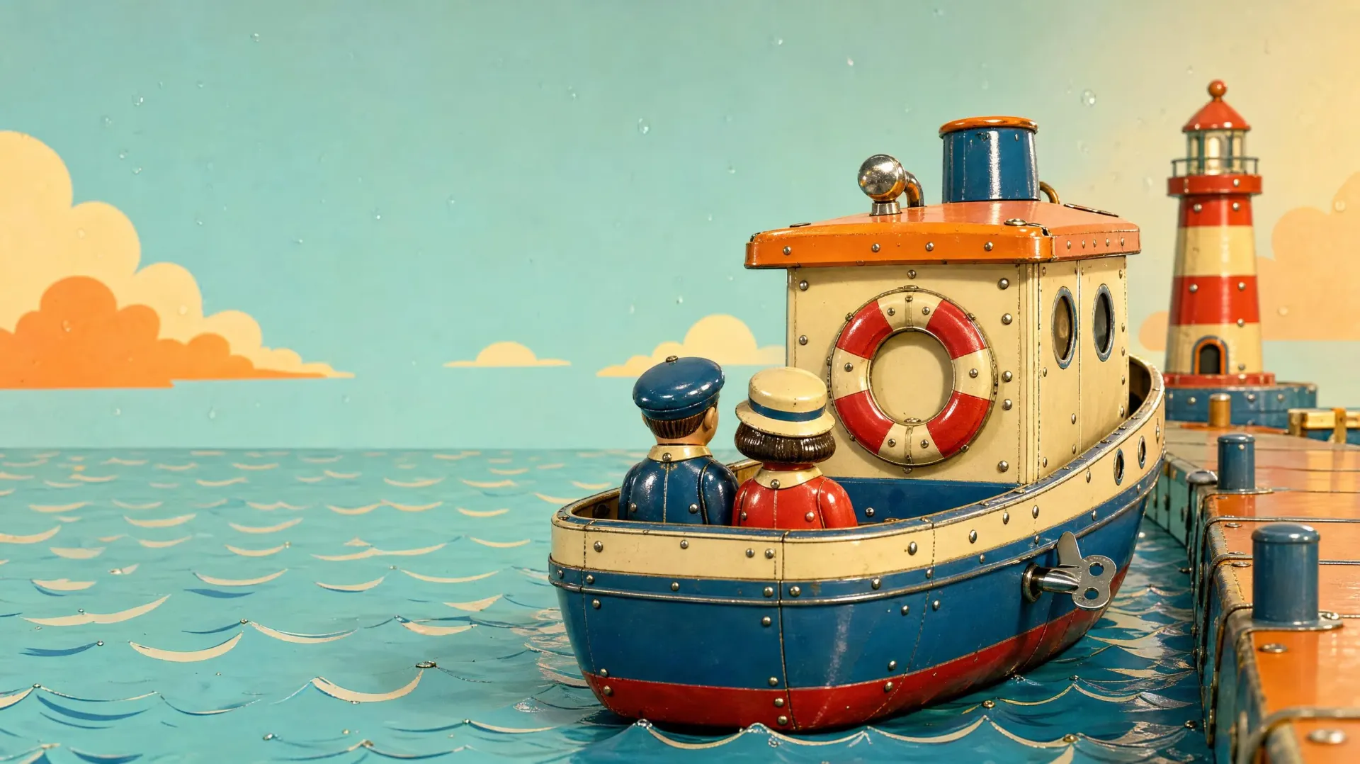 A tin fishing boat with a life ring and two tin sailors, moored by a striped lighthouse at sunset