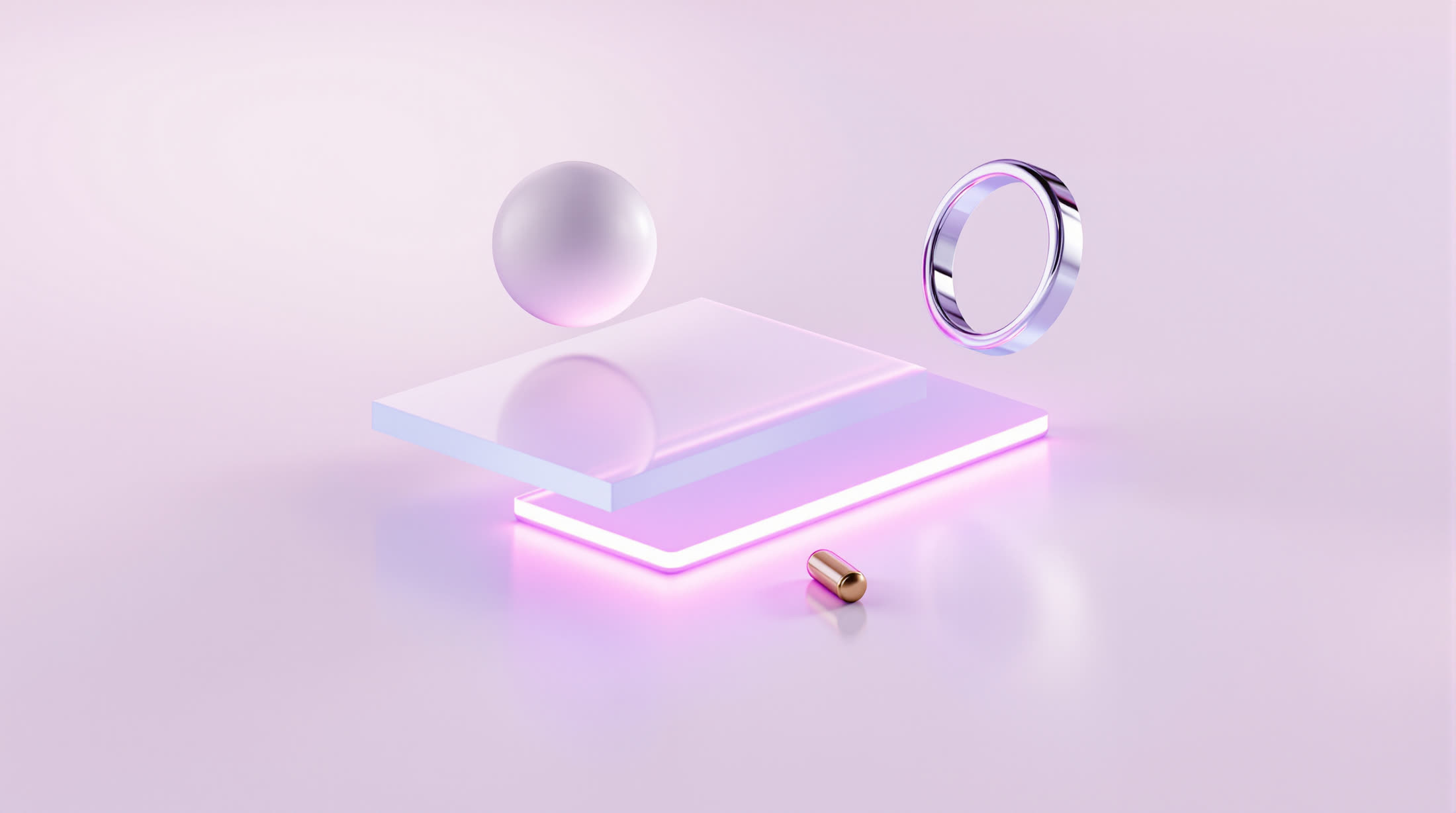 Abstract frosted glass plane with a white sphere and a chrome ring lit by a magenta glow.