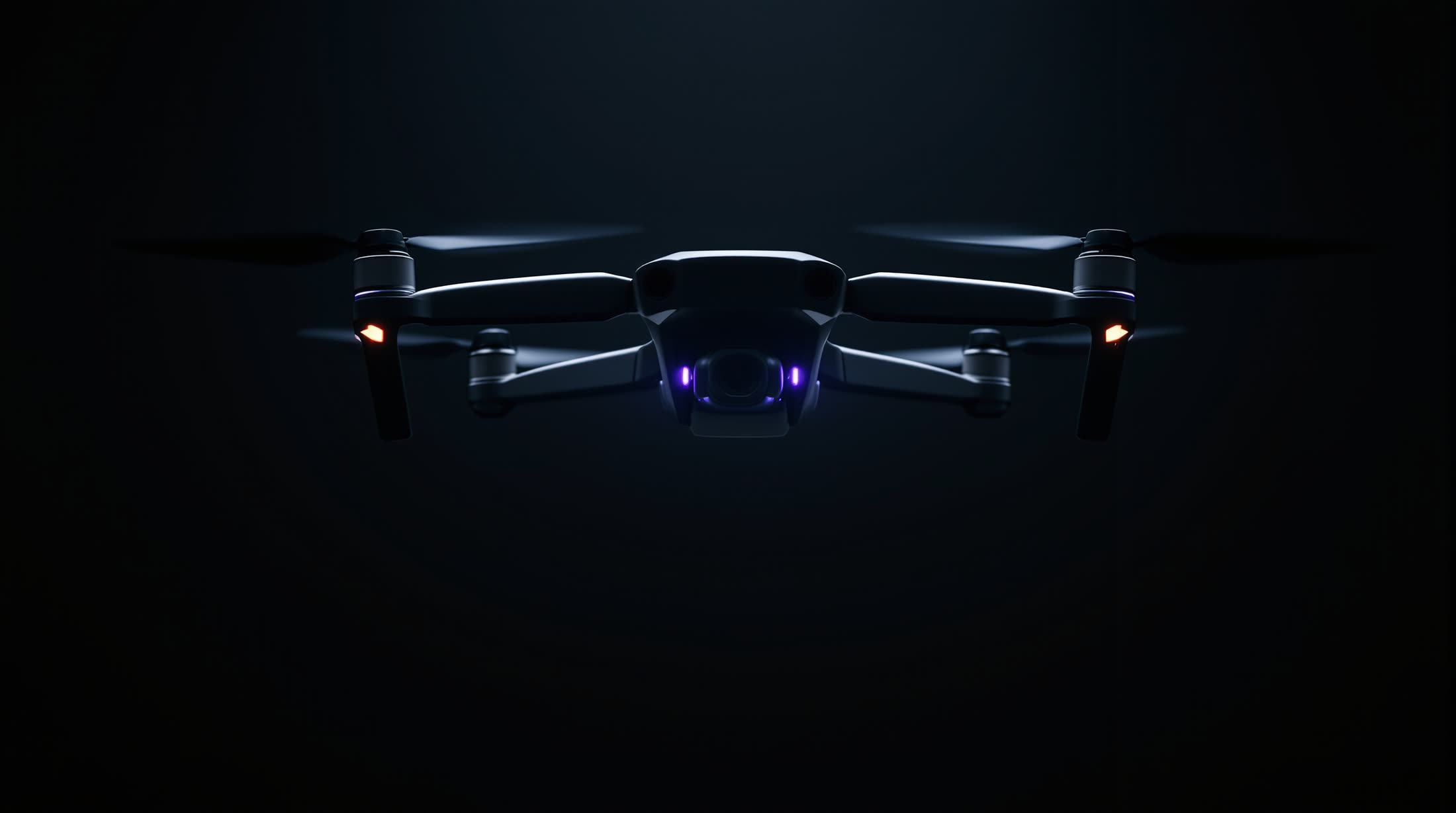 HELIX MINI ND-2, a matte black quadcopter hovering, lit by a cold rim light with a violet under-glow.