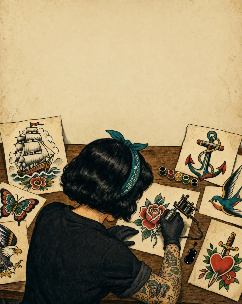 The lead artist from behind at her drawing table, tattooed arm, a machine in hand and flash sheets spread around