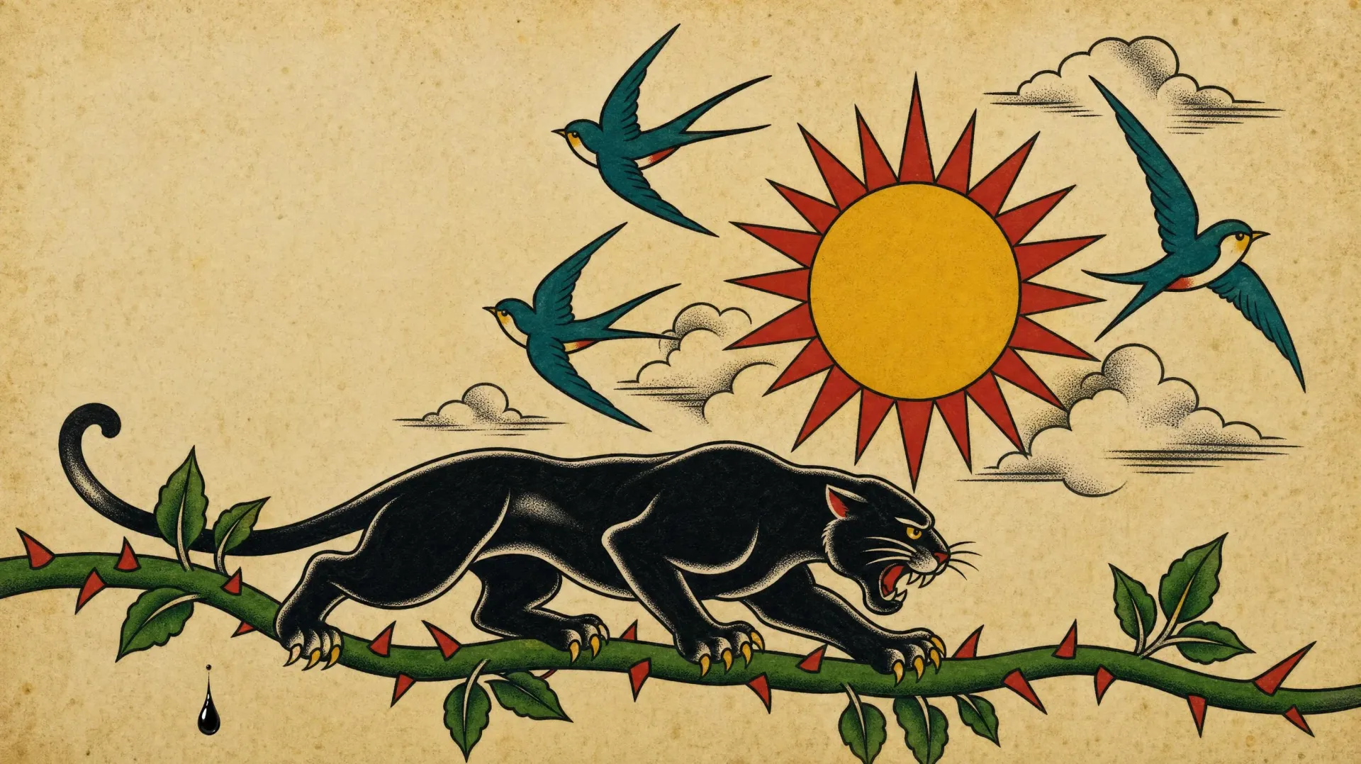 A black panther prowling along a thorned vine under a red-and-yellow sun, swallows circling