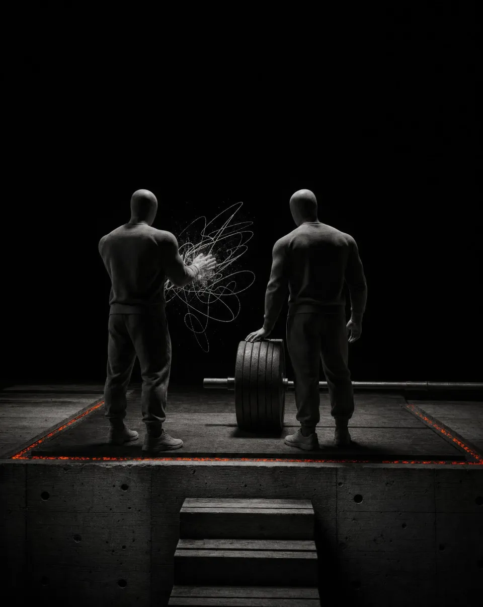 Two faceless coaches seen from behind at the edge of a lifting platform, one clapping chalk from his hands, the other resting a hand on a loaded bar