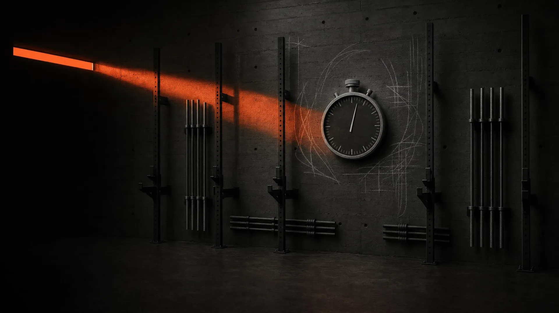 A board-formed concrete rack wall at dawn: steel squat racks, stored bars and a round training clock, cut by a beam of orange light from a slot window
