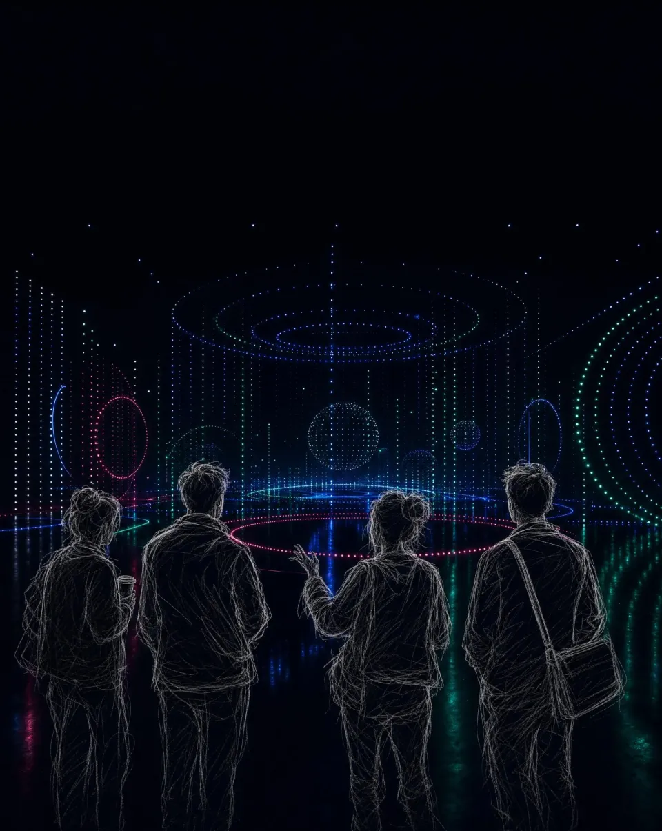 Line-drawn attendees watching a stage of dotted light rings