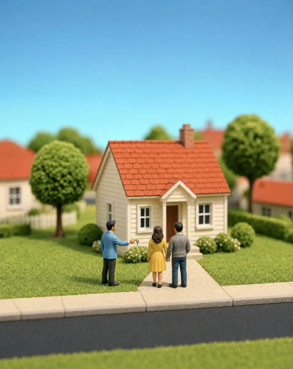 A Keystone agent in a blue jacket showing a young couple a cream cottage with a red roof