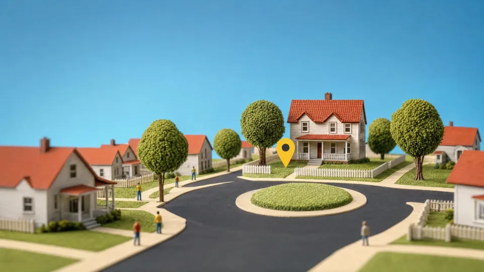A street-level view of the model town: a roundabout, a red-roofed house and a yellow map pin