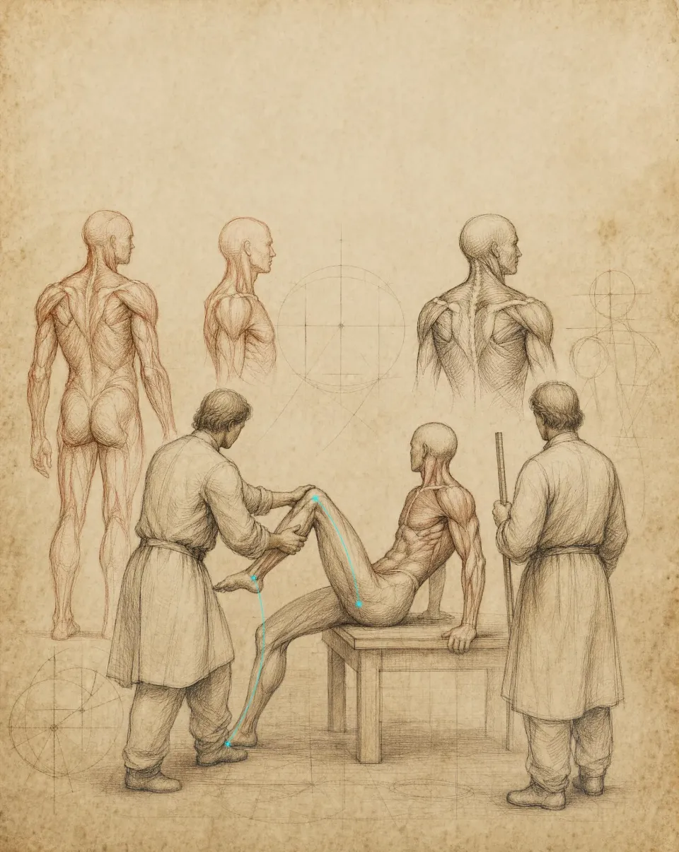 Two clinicians drawn as figure studies guiding a seated patient's raised leg