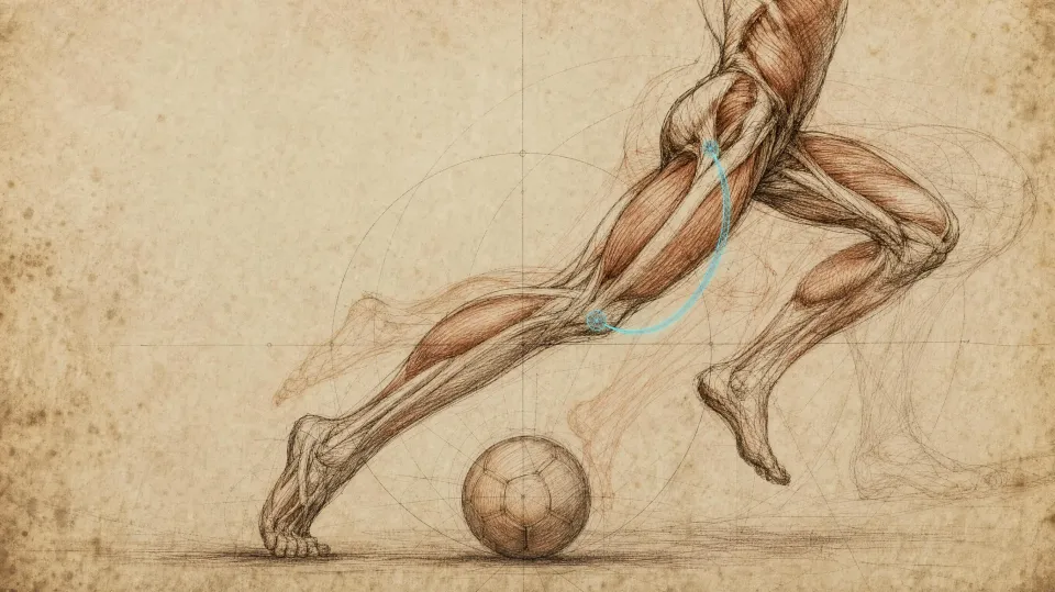 Red-chalk muscle study of a footballer's legs striking a ball, a cyan line tracing the knee's arc