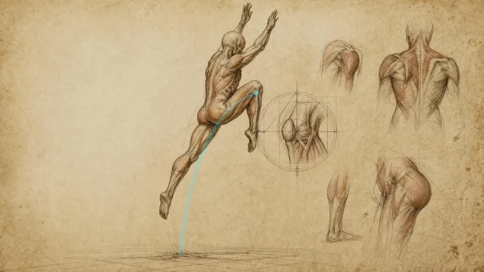Muscle study of an athlete at the top of a tuck jump, the knee circled in construction lines