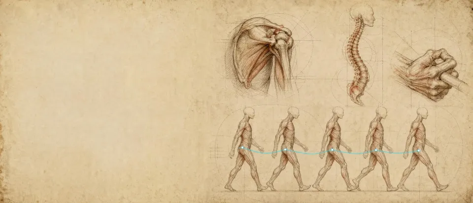 A sketchbook spread of a shoulder joint, a spine, a gripping hand and a walking gait cycle