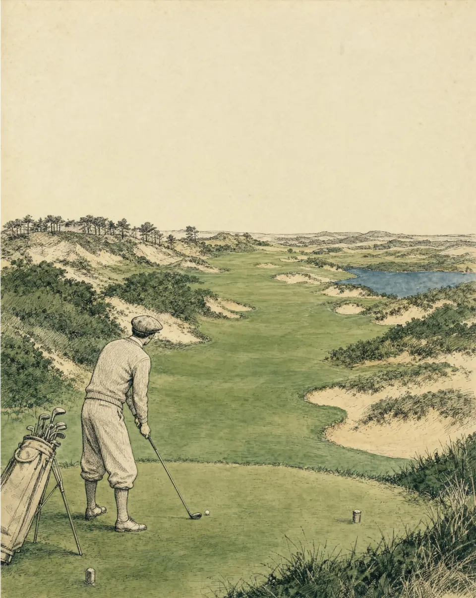 A 1930s golfer in plus fours addressing the ball on a dune-lined fairway
