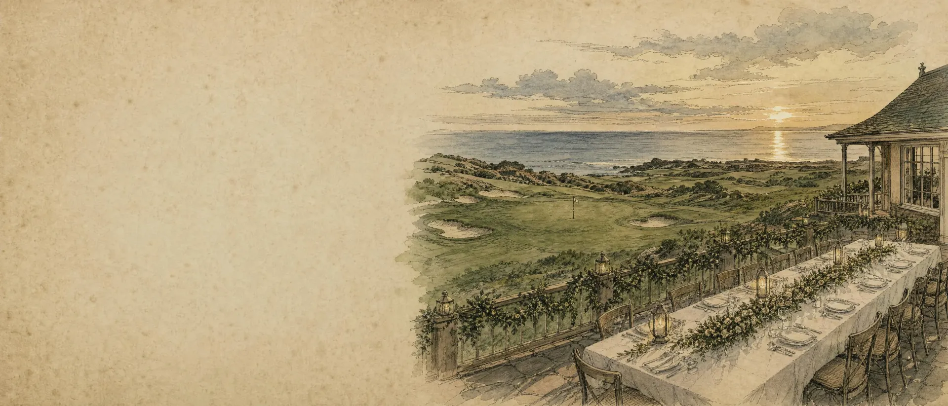 A long dinner table on the clubhouse terrace at sunset, the links and the sea behind