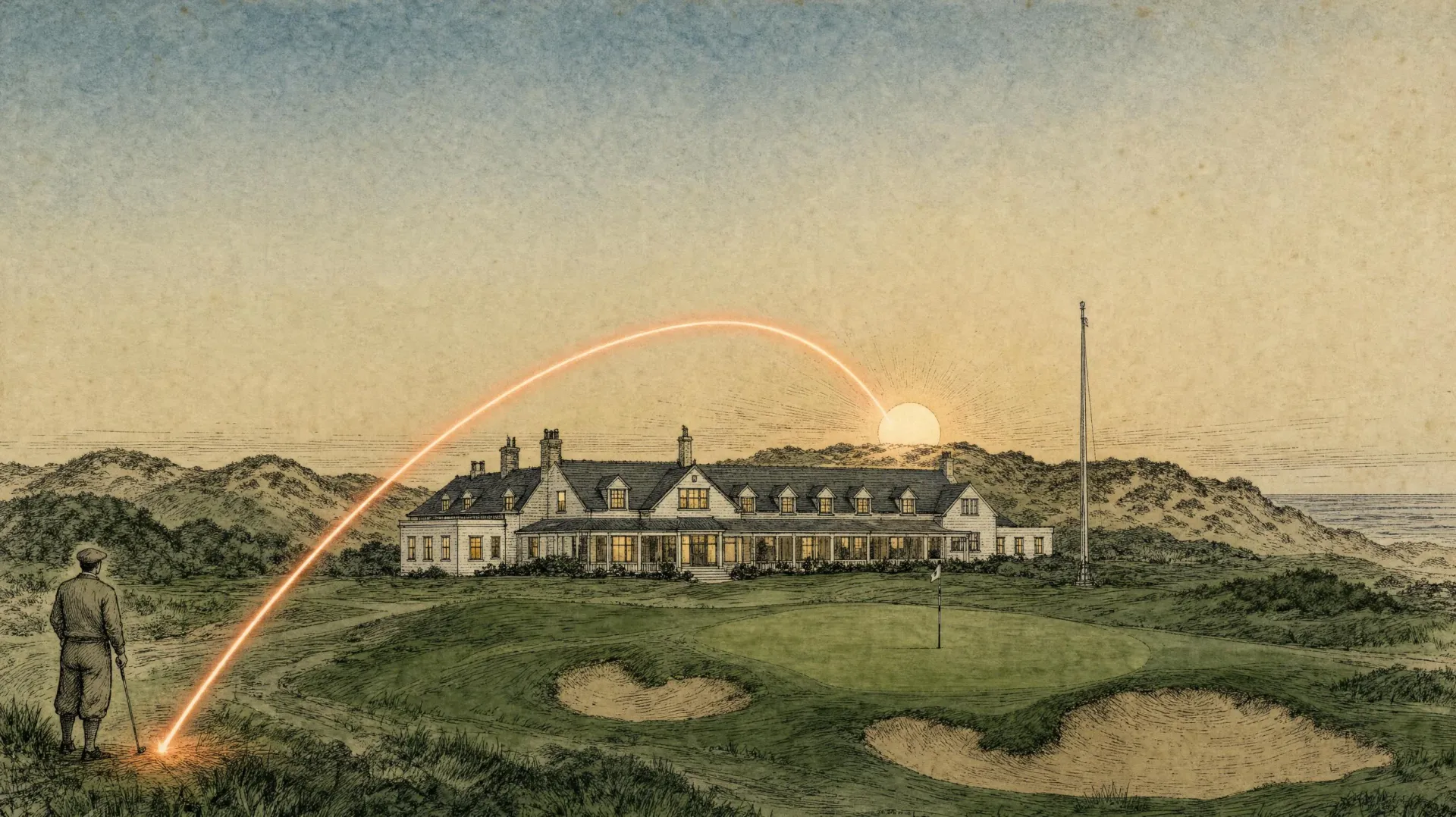 The clubhouse at dusk behind the eighteenth green, a golfer watching a glowing tracer arc towards the setting sun