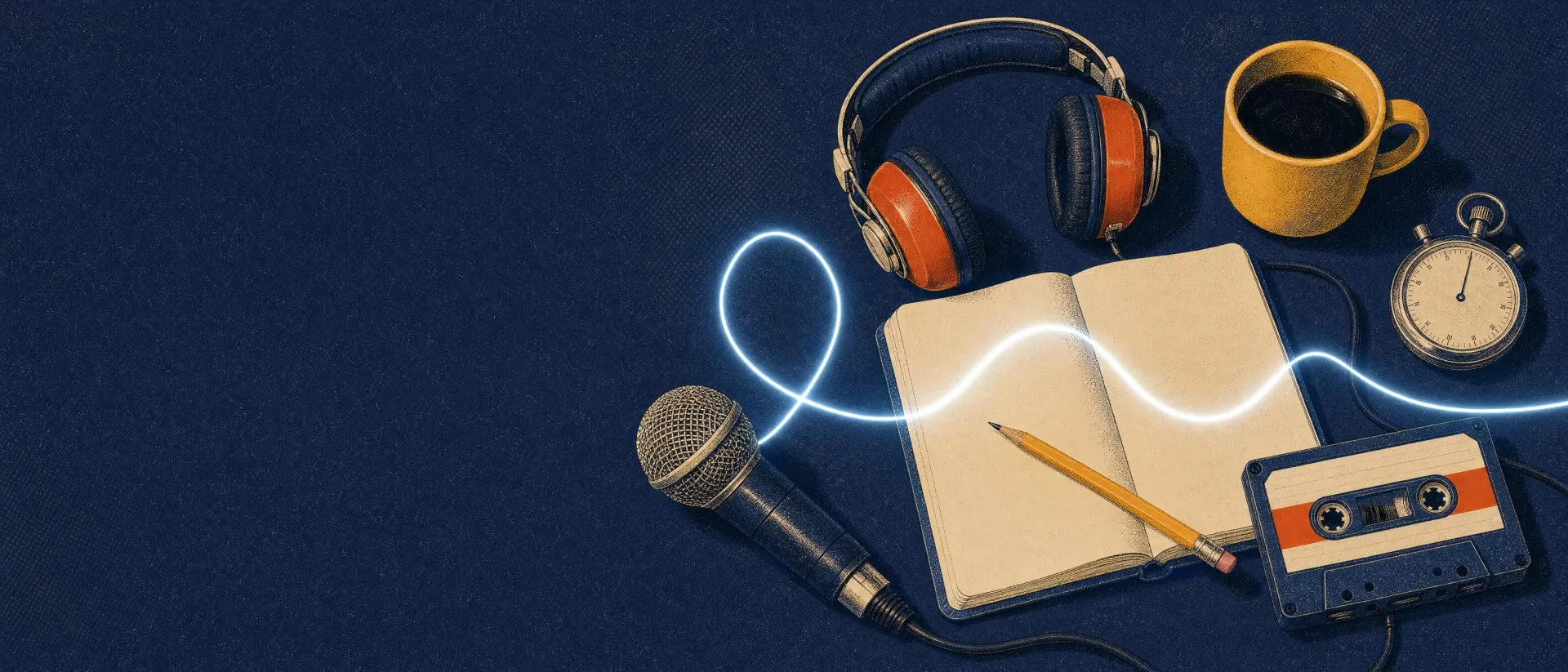 Lithograph of a desk at night: headphones, a notebook, a mug and a glowing sound wave