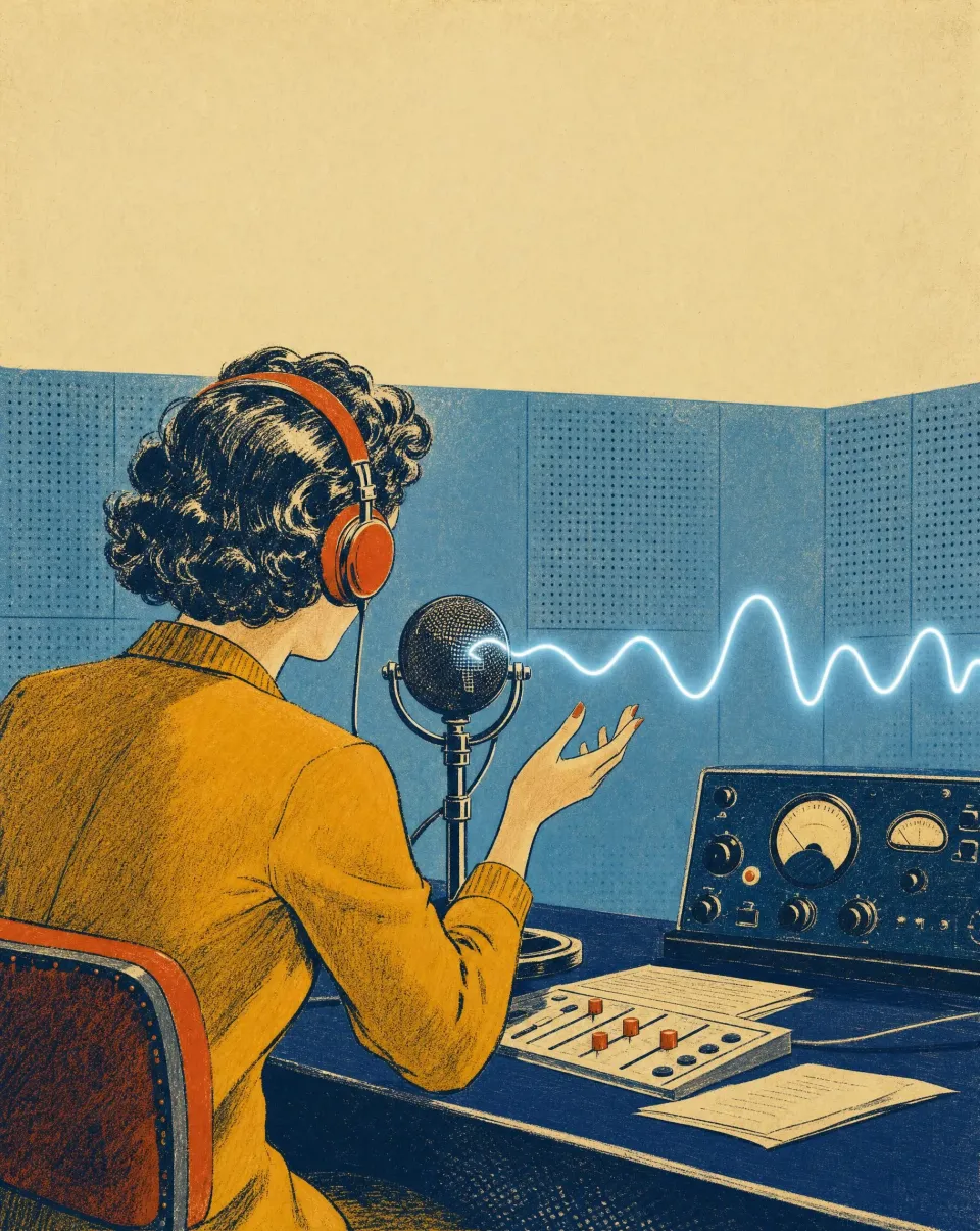 Lithograph of the host in a mustard jacket and headphones, speaking into a studio microphone