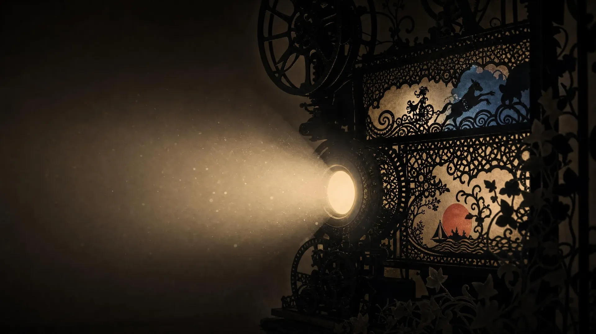 A silhouette projector throwing a cream beam into the dark, shadow-puppet scenes on the wall behind
