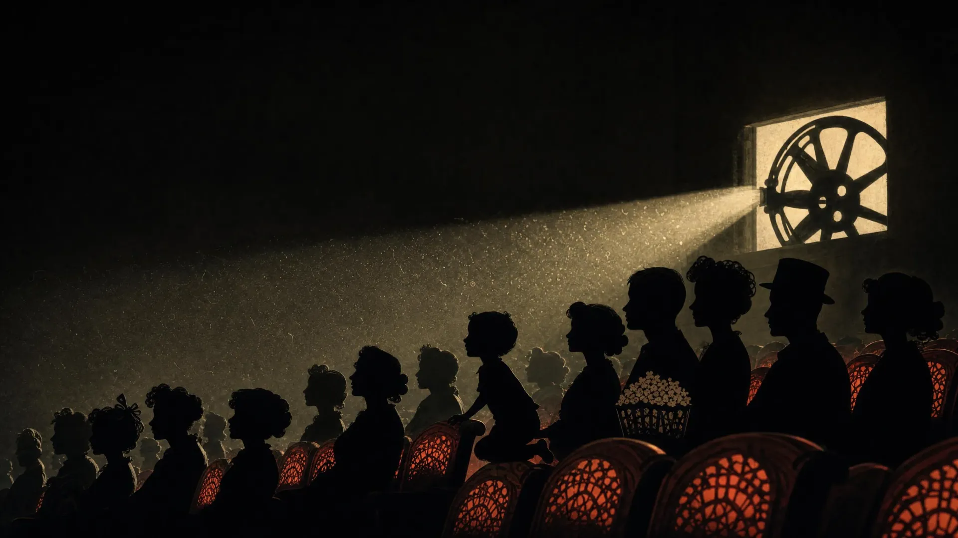 Silhouetted audience in red seats watching a beam from a reel-shaped projection window