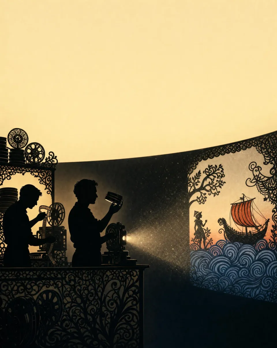 Two programmers in silhouette in the booth, threading a projector, a shadow-puppet ship on the screen behind them