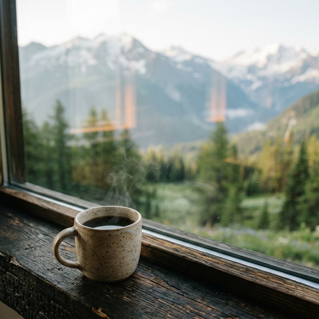 A speckled ceramic mug of black coffee steaming on a timber windowsill, snowy peaks softly blurred behind